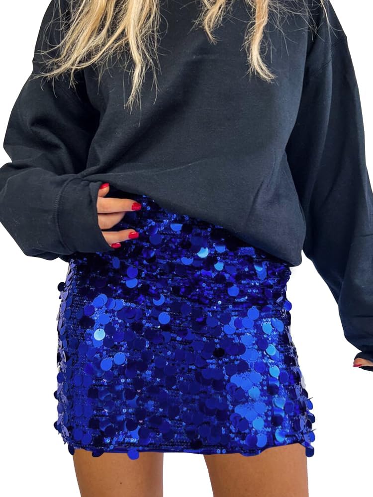 Womens Sequin Skirt High Waist Stretchy Bodycon Sparkle Night Out Party Mini Skirts Large Royal Blue