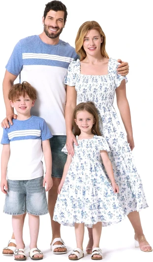 Family Matching Outfits Boho Floral Print Square Neck Puff Sleeve Smocked Dress and Short Sleeve T-Shirts Matching Set Women Large Blue White
