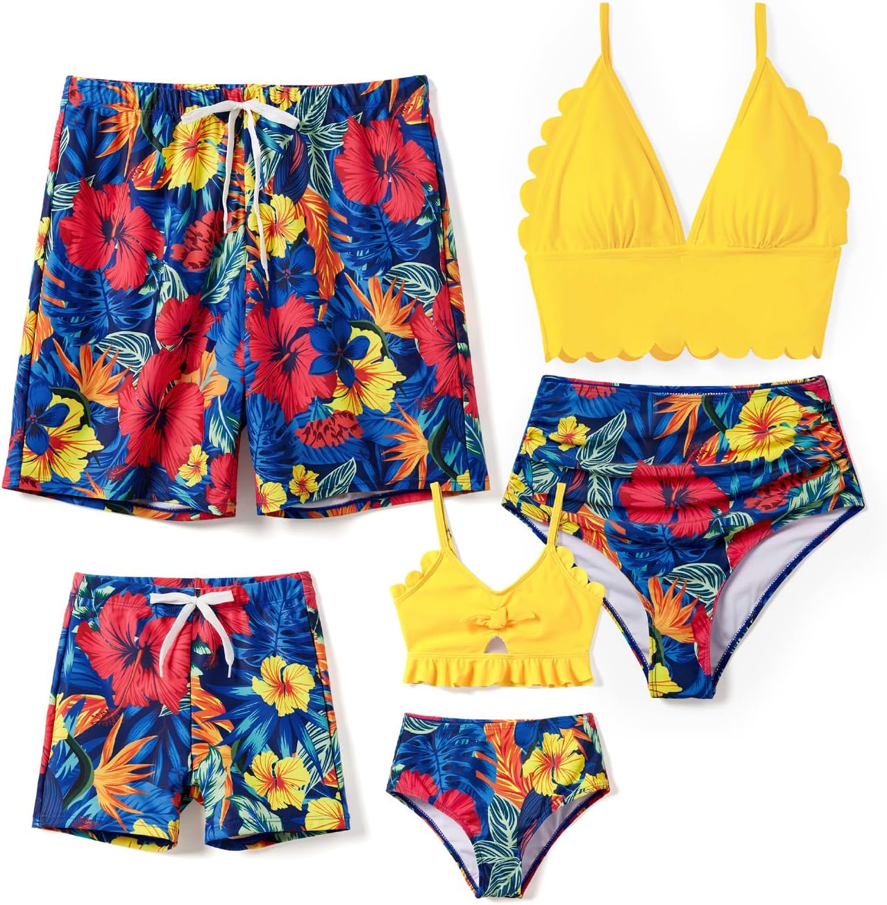 Family Matching Solid Scallop Trim Strappy Two-Piece Swimsuit and Allover Floral Print Swim Trunks Shorts Women X-Large Yellowred