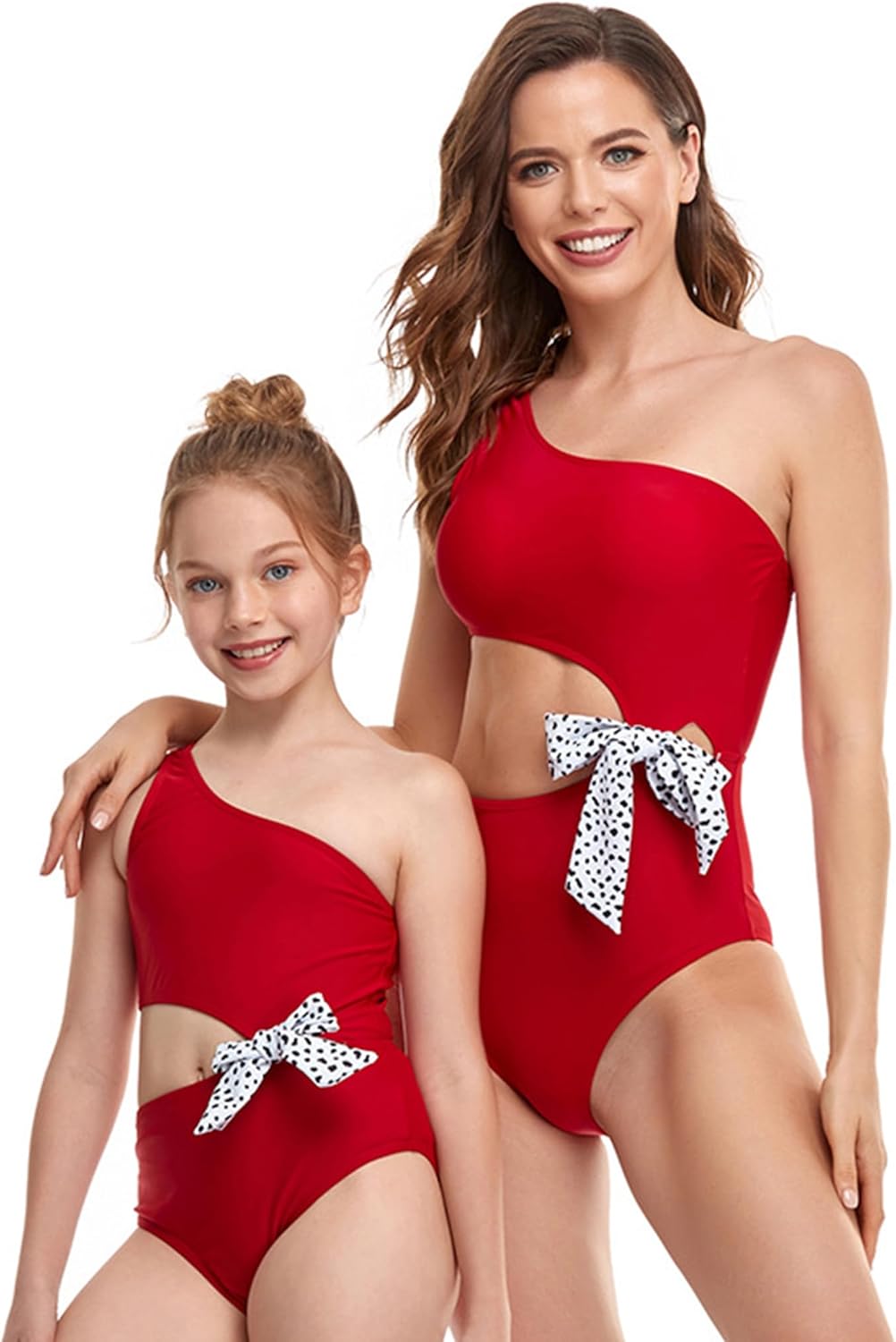 Mommy and Me Swimsuit Family Matching Swimwear One Shoulder Cutout One Piece Monokini Bikini Bowknot Bathing Suit X-Large Red Bowknot