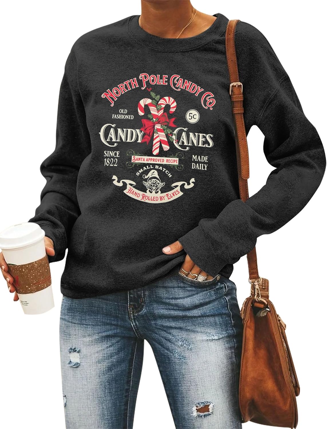 Christmas Sweatshirts Women Candy Canes Graphic Sweatshirt Vintage Xmas Long Sleeve Shirt Pullover Tops Medium Dark Grey
