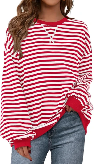 Womens Striped Oversized Sweatshirt Color Block Crew Neck Long Sleeve Casual Loose Pullover Top Y2K Clothes X-Large Red White