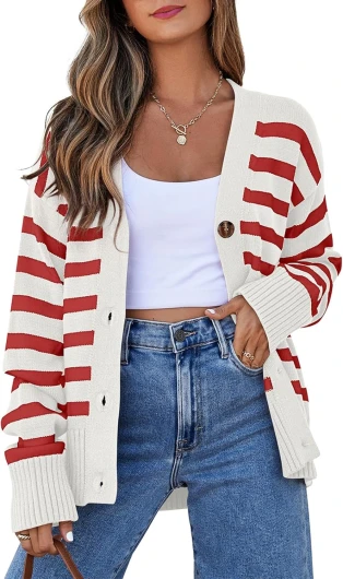 Womens Striped Cardigan Sweaters Long Sleeve V Neck Lightweight Open Front Button Down Knit Cardigans Red Stripe Small