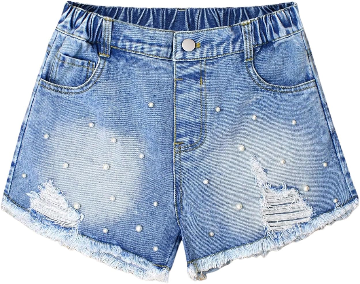 Girl's Pearl Denim Shorts Y2k Ripped Distressed Summer Jeans Shorts with Pocket 10 Years Light Wash
