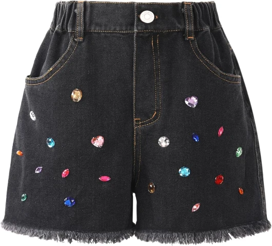 Girl Jean Shorts Rhinestone Ripped Raw Trim Straight Leg High Waist Denim Shorts Black 6-7 Years