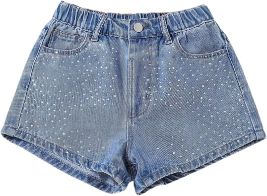 Girl's Rhinestone Denim Shorts Elastic High Waist Y2k Jean Shorts with Pocket 11 Years Medium Wash