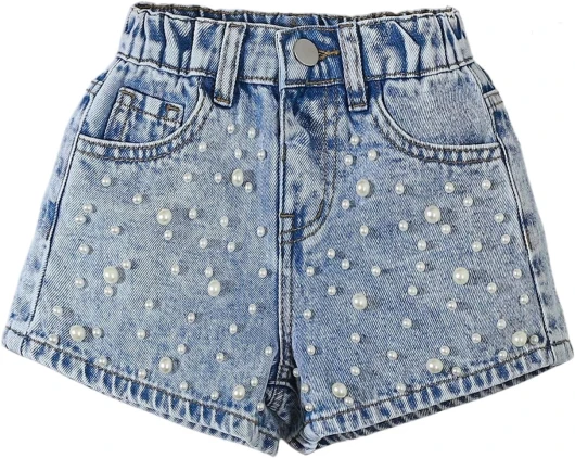 Girl's Pearls Embellished Jean Shorts Zipper Fly Wide Leg Denim Shorts with Pockets 5T Light Wash