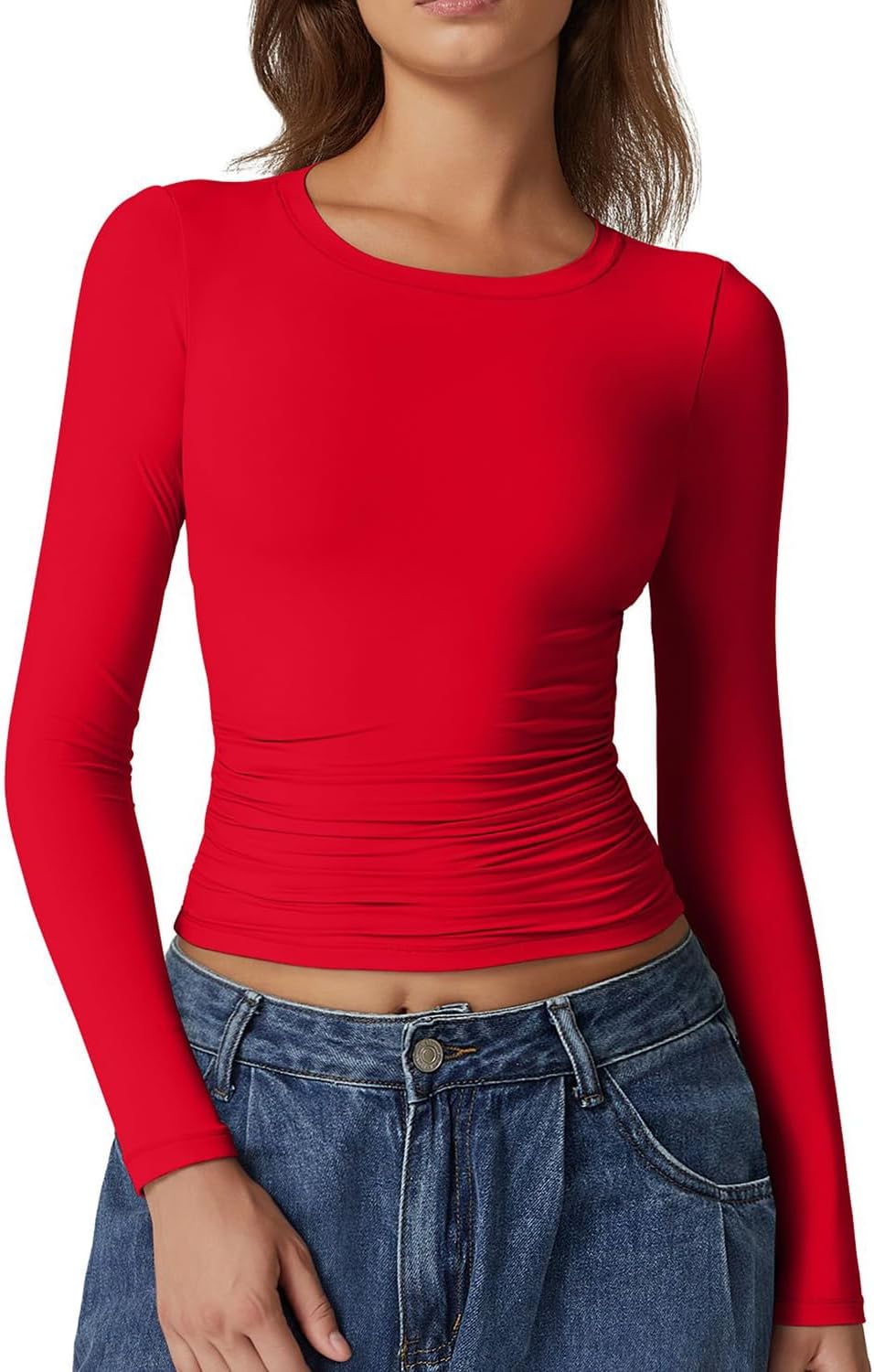 Womens Crewneck Long Sleeve Shirt Double Lined Basic Tees Side Ruched Going Out Crop Tops Small Red