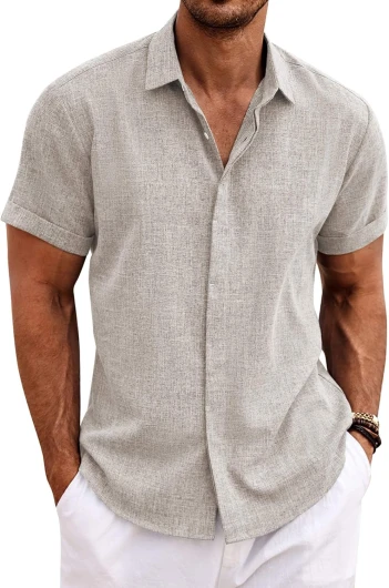 Men's Linen Shirts Short Sleeve Casual Shirts Button Down Shirt for Men Beach Summer Wedding Shirt Large Stone
