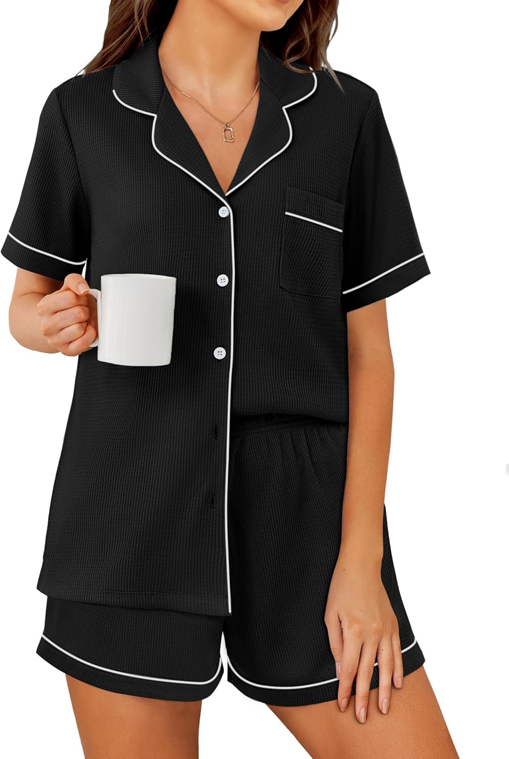 Womens Waffle Knit Pajama Sets Soft Short Sleeve Button Down Sleepwear Cozy 2 Piece Pjs Shorts Set Black Small