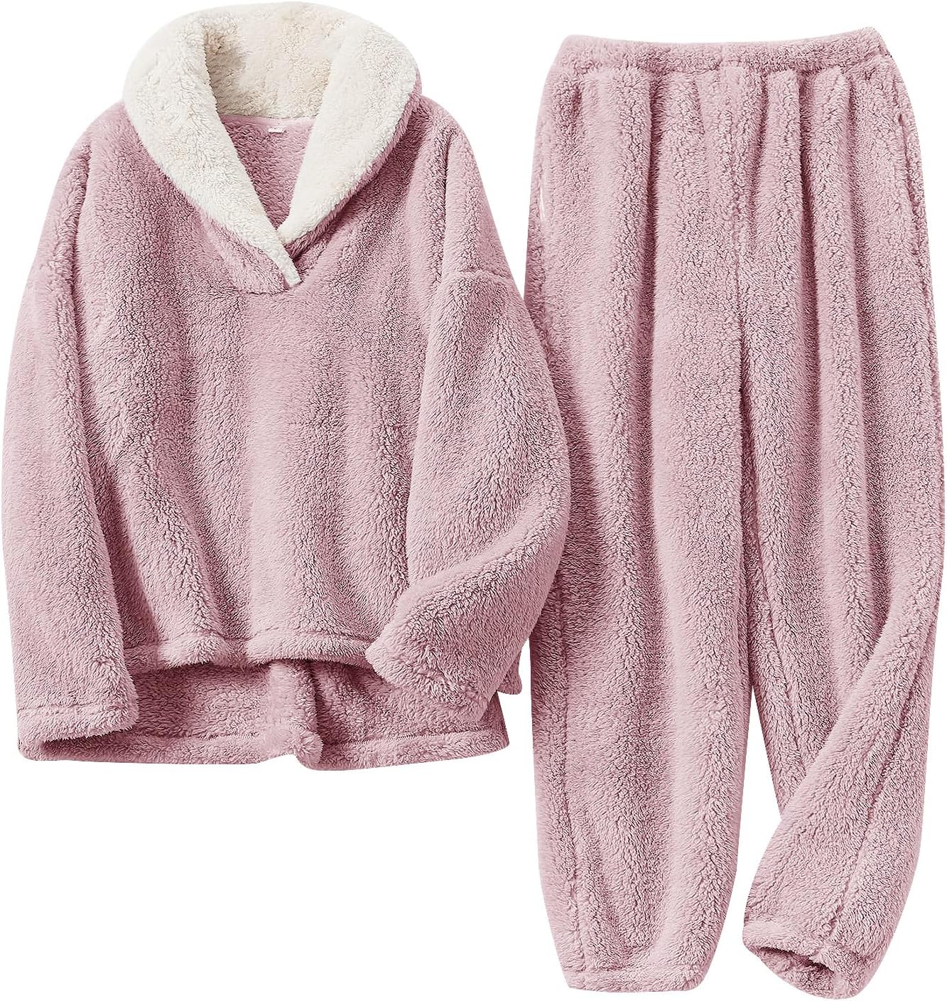 Fluffy Pajamas for Women Set Soft Comfy Fleece Pjs Pullover Pants Loose Plush 2 Piece Sleepwear Fuzzy for Winter Small Pink