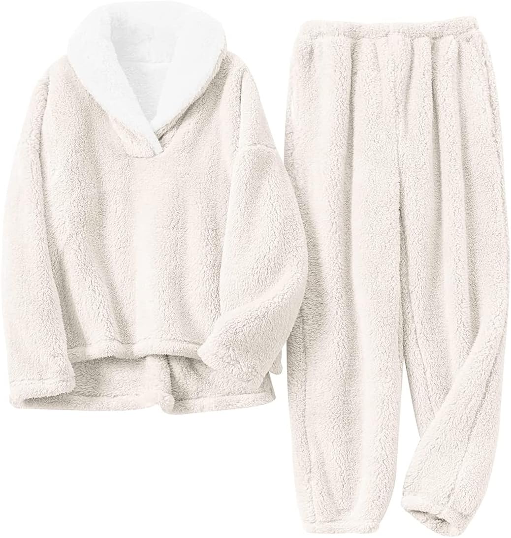 Women's Fluffy Loungewear Sleepwear Lounge Casual Pajamas Sets Loose Long Sleeve Fleece Pullover and Pants Set Medium 01beige