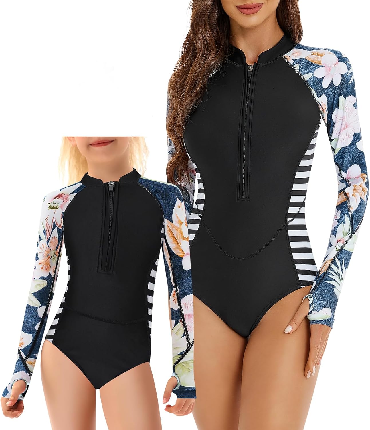 Women and Girls Matching Swimsuit: Long Sleeve One Piece Rash Guard Bathing Suit UPF 50+ (Please Order Separately) 6-8 Years White and Black Floral-women/Girls