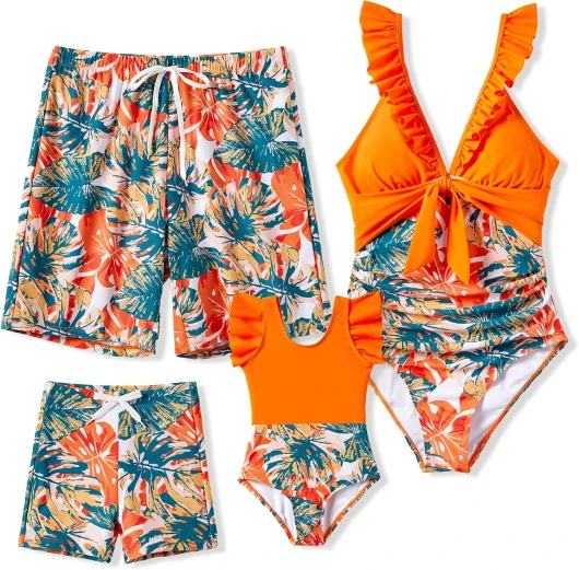 Family Matching Swimwear Floral Print Sleeveless Ruffled One Piece Bathing Suits Boy 6-7 Years Orange Soda