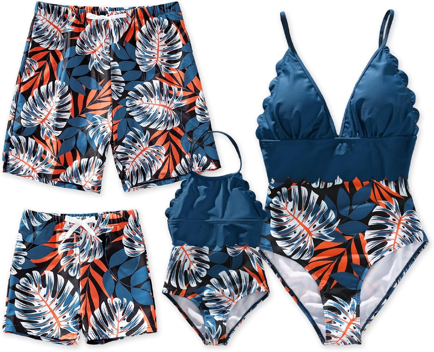 Mommy and Me Matching Swimsuit One Piece Leaves Printed V Neck Bathing Suits Family Swimwear Matching Set Girl 4-5T Bluegreen