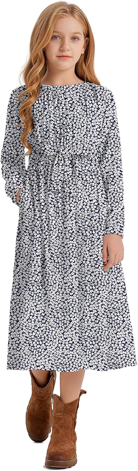 Girls Casual Elastic Crew Neck Floral Printed Solid Color A-line Swing High Waist Midi Belted Dress with Pocket Navy Floral Fall 13-14 Years