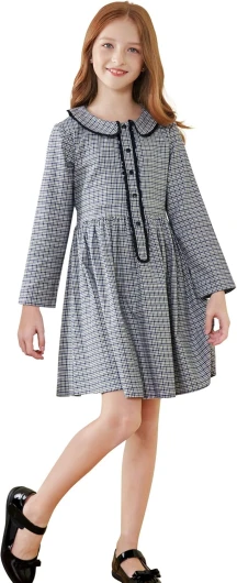 Girls Plaid Dress Cotton Casual Spring Long Sleeve Dresses Peter Pan Collar 3-14Y 13-14 Years Light-blue
