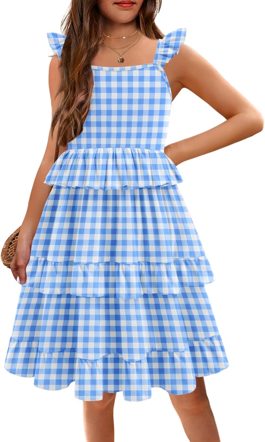 Girls Dresses Ruffle Sleeve Tiered Casual Flowy Swing Tween Sundress with Pockets for Girls 5-13 Years Plaid Blue 9-10 Years