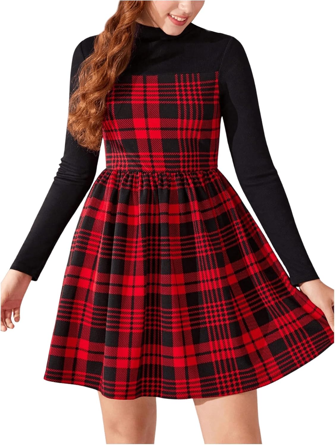 Girl's Tartan Plaid Dress Long Sleeve High Waisted A Line Flared Short Dresses 11 Years Burgundy