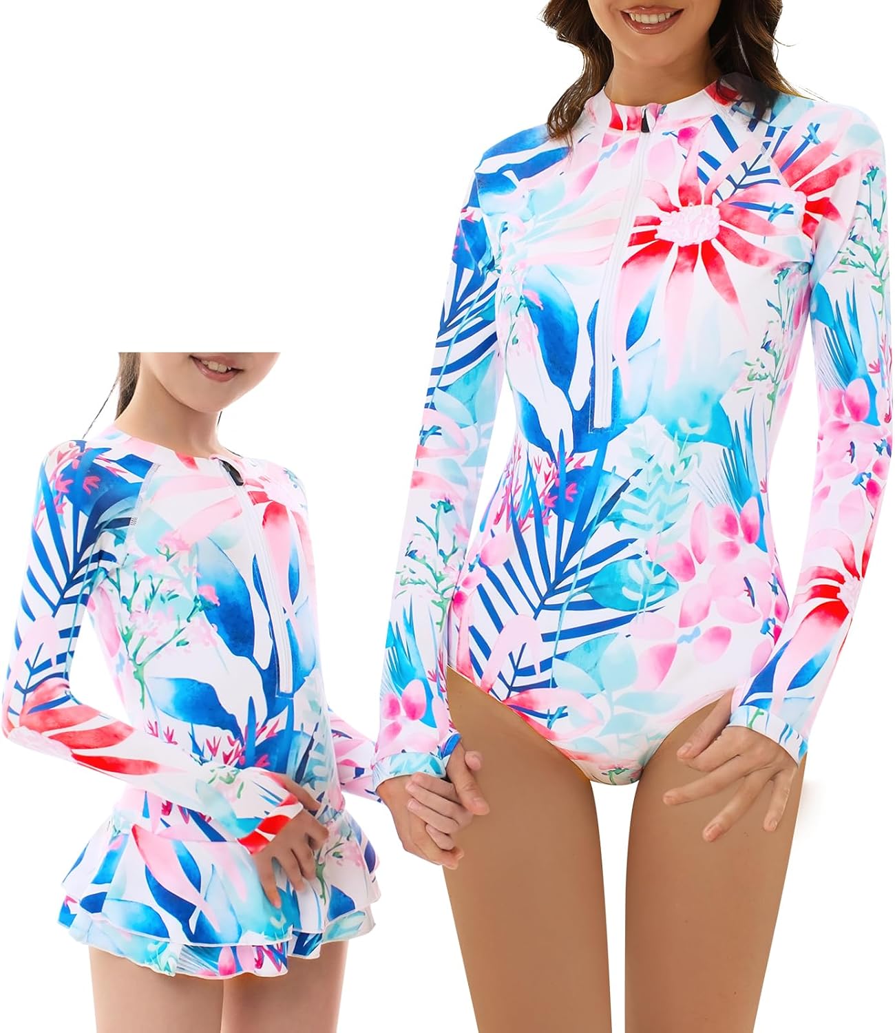 Women and Girls Matching Swimsuit: Long Sleeve One Piece Rash Guard Bathing Suit UPF 50+ (Please Order Separately) X-Large Clean Floral-womens/Girls