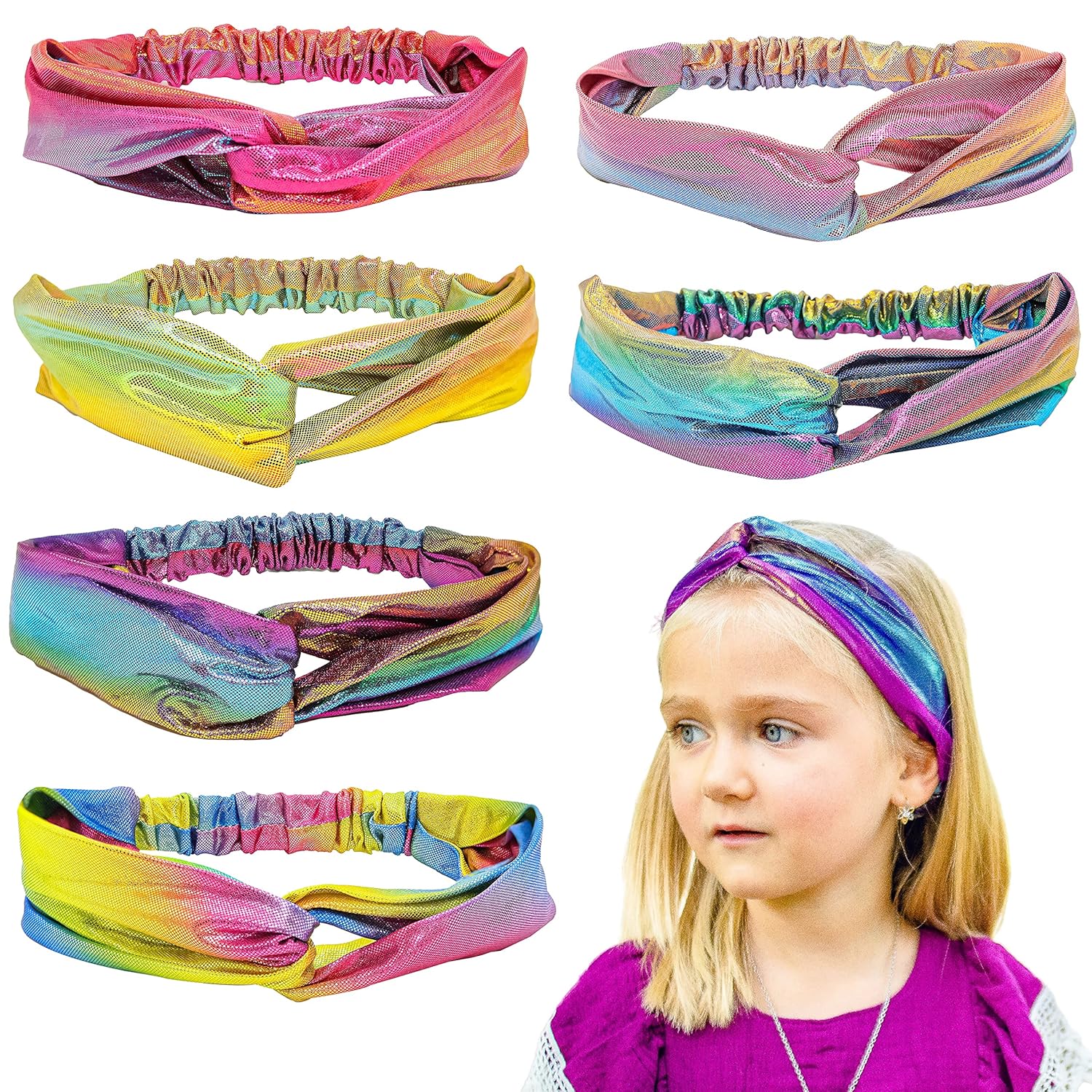 6 Mermaid Knotted Headbands For Girls, Little Girl Hair Accessories, Kids Knot Headwraps, Criss Cross Tie Dye Head Bands, Metallic Rainbow Turban Hair Bands Metallic Mermaid