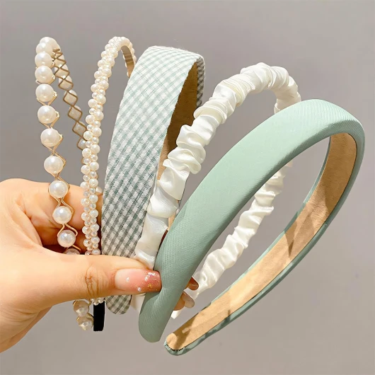 Fashion Headbands for Women Girls Set, 5pcs Pearl Floral Padded Vintage Wide Headband (Green)
