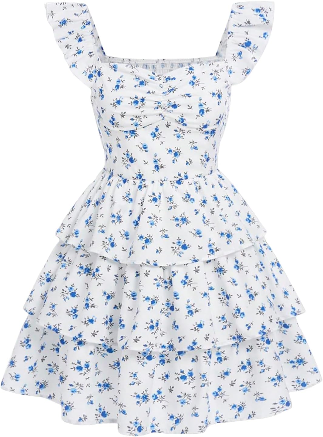 Girl's Floral Summer Dress Ruffle Shirred High Waist Ruched Sweetheart A Line Spring Dress 12 Years Blue and White