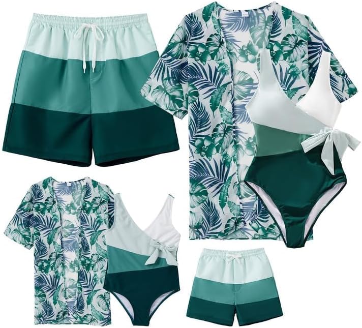 Mommy and Me Family Matching Swimsuits Color Block Women One Piece Tummy Control Bathing Suit with Cover Up Boys 4-5T Green-white