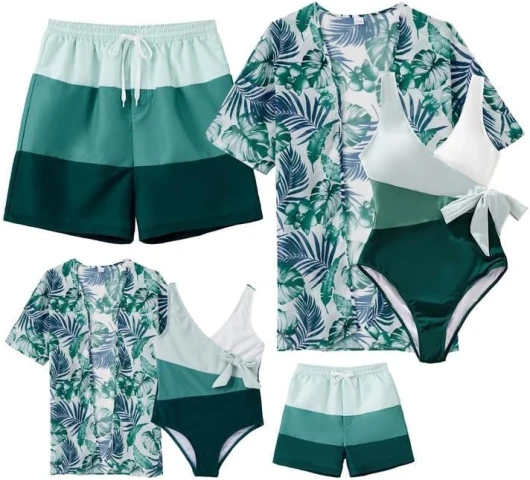 Mommy and Me Family Matching Swimsuits Color Block Women One Piece Tummy Control Bathing Suit with Cover Up Boys 4-5T Green-white