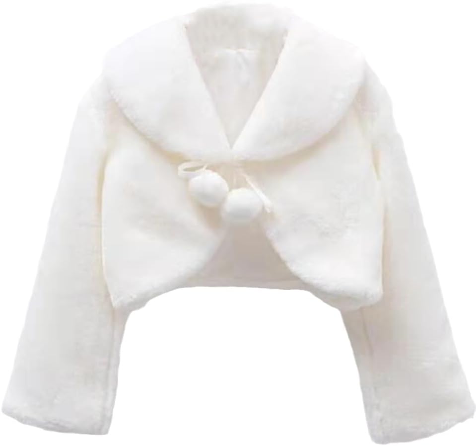 Girls Faux Fur Bolero White Fur Coat Jacket Princess Shawl Shrug Bridesmaid Tippet Cape Cardigan for Wedding Party 8-12 Years White