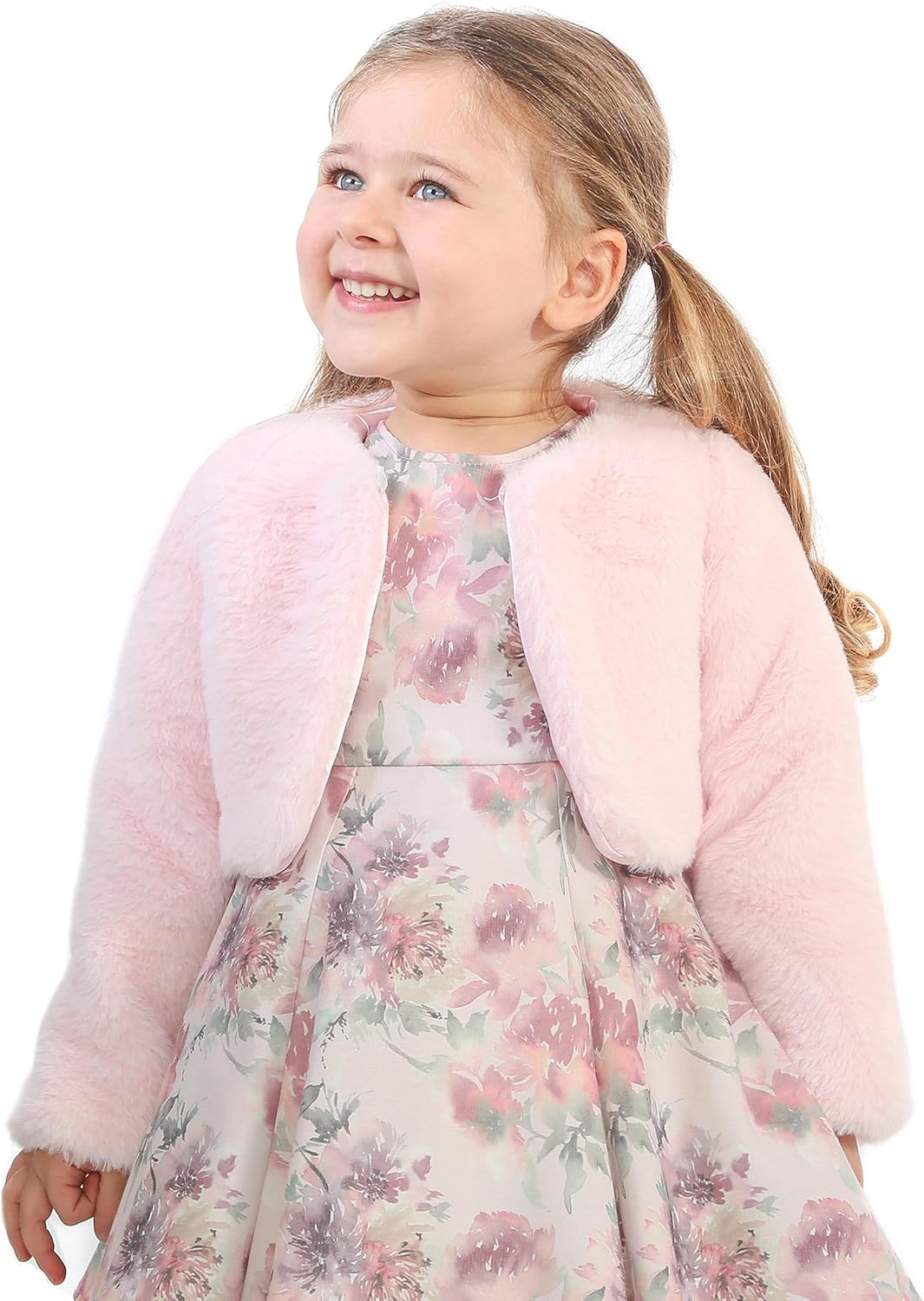 Girls Cozy Faux Fur Long Sleeve Crew Neck Dress Coat 8 Pink