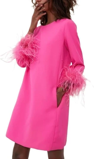 D-Sun Women 3/4 Sleeves Feather Party Dress Round Neck Casual Feather Elegant Wedding Guest Cocktail Mini Dress Rose Red Medium