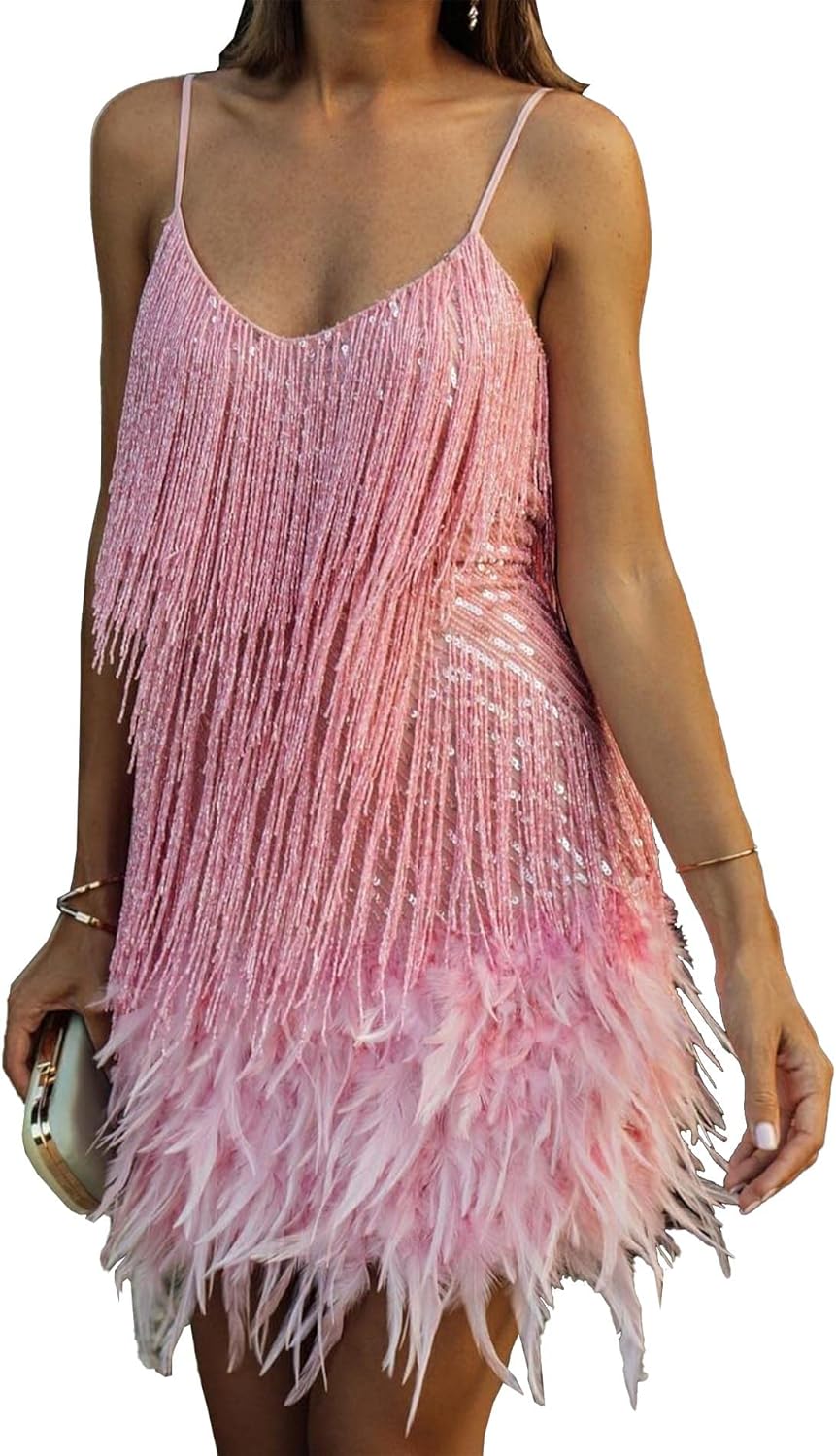 Women's Sequin Flapper Dress Sleeveless Feather Hem Fur Fringe Tassel Splice Glitter Sparkly Shiny Mini Dress Medium Pink