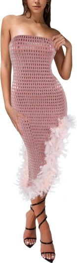 Women Sexy Elegant Rhinestone Mesh See Through Party Club Night Split Bodycon Formal Maxi Dress 382 Pink Small