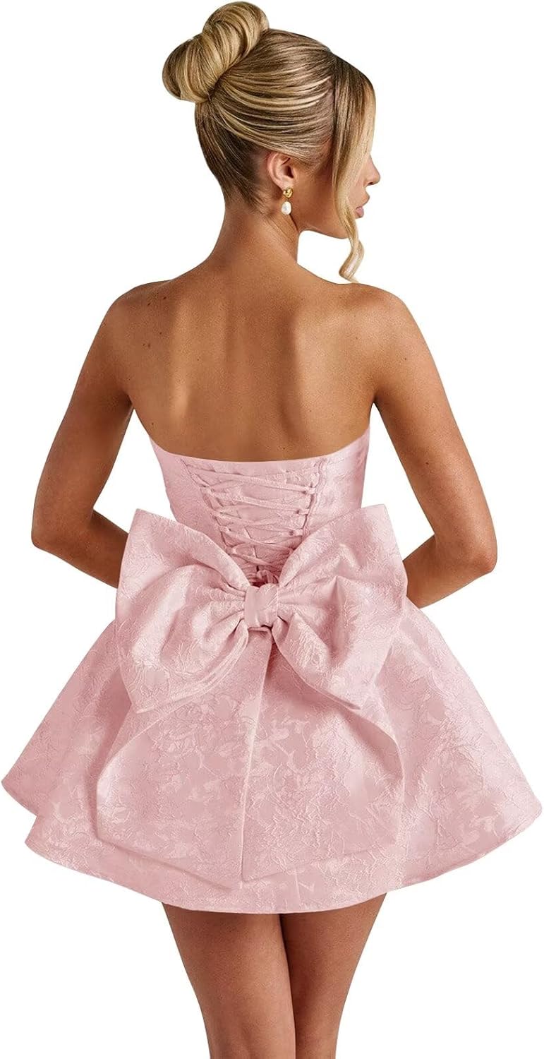 Floral Jacquard Satin Short Homecoming Dresses for Teens A Line Strapless Formal Prom Evening Gown with Bow Blush Pink 0