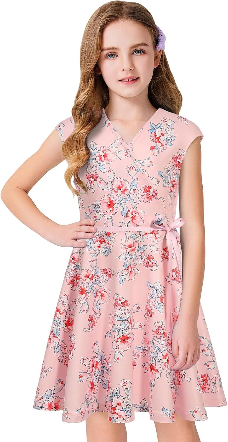 Girls' V Neck Dress Floral Printed A-line Swing Casual Party Dress with Belt for 6-14 Years Pink Floral 11-12 Years