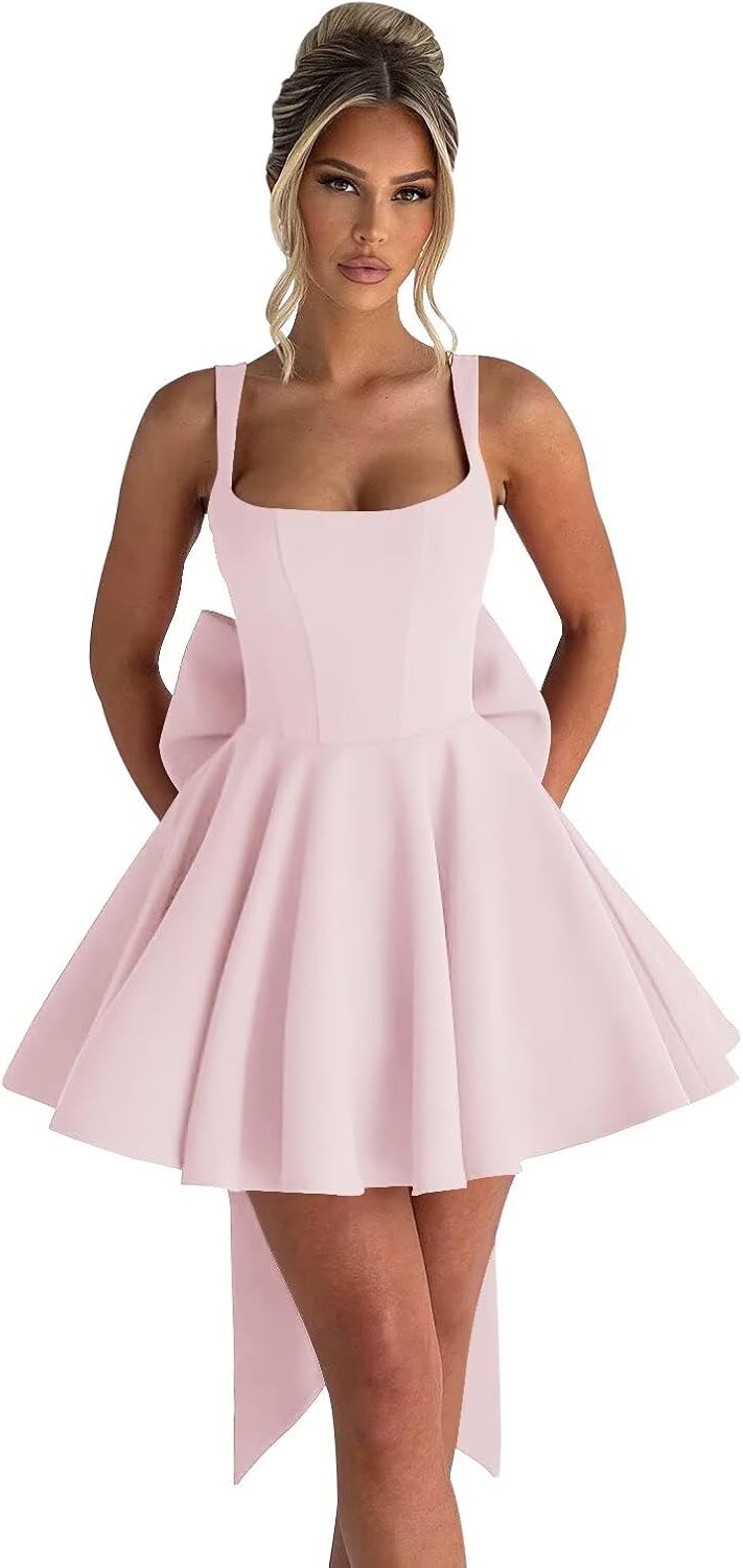 Satin Short Homecoming Dresses with Bow Corset HOCO Dress A Line Mini Formal Prom Evening Cocktail Gown Blush Pink 6
