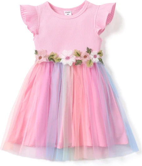 Girl's Tulle Dress Tutu Party Birthday Poster Formal Fancy Flower Princess Dresses 8-9 Years Pink