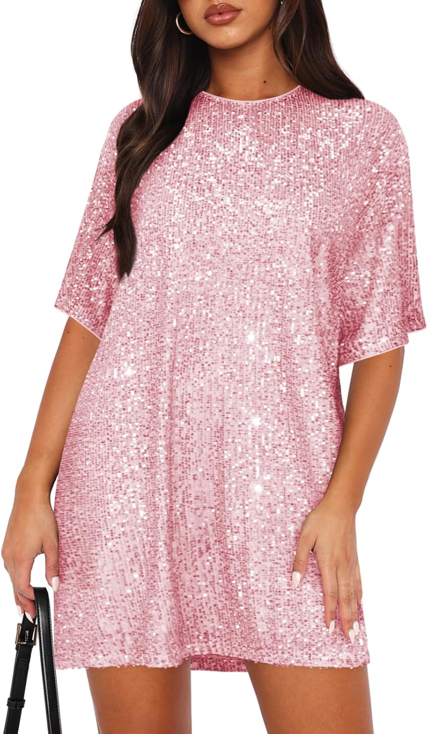 Women's Crew Neck Sequin Dress for Women Sexy V Neck Shirt Dress Sparkly Half Sleeve Loose Party Club Cocktail Dress Pink Small