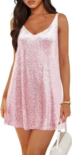 Women's Sequin Dress for Women Sparkly Glitter V Neck Shift Cocktail Disco Outfit Party Club Night Out Mini Dresses Pink Small