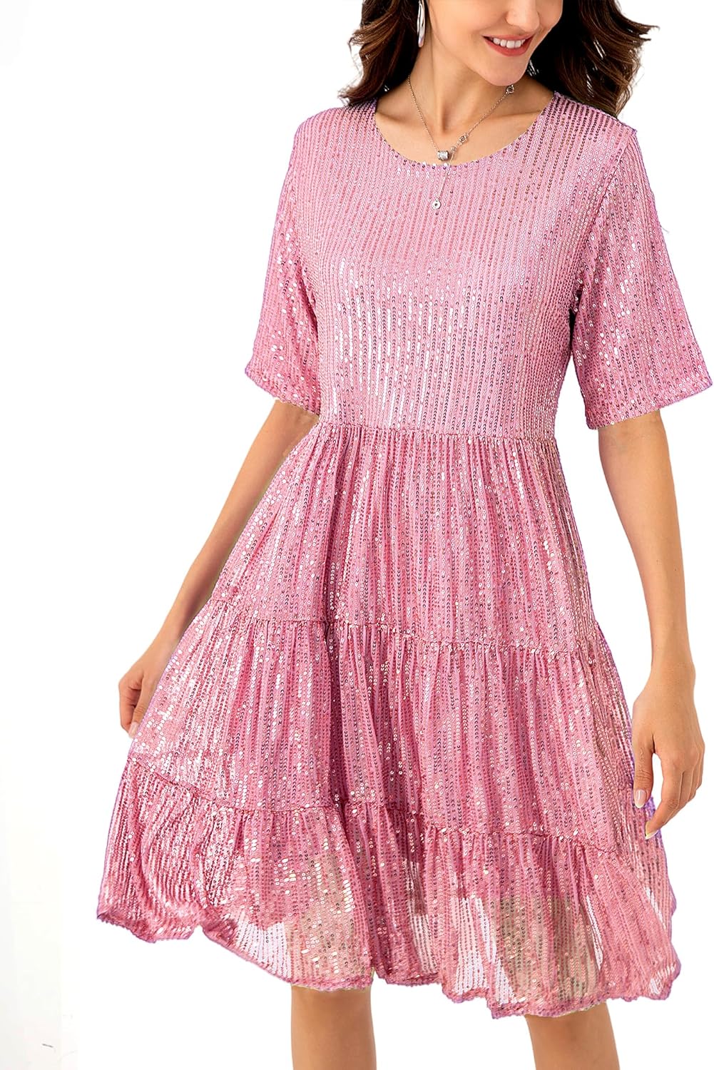 Sequin Babydoll Summer Dress，Sparkly Glitter Dress Short Flowy Tiered Tunic Dress for Women Party Club Night Large Pink