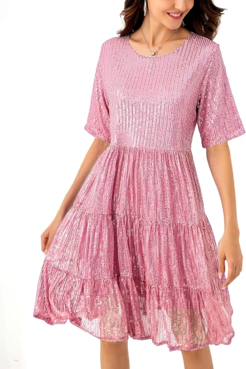 Sequin Babydoll Summer Dress,Sparkly Glitter Dress Short Flowy Tiered Tunic Dress for Women Party Club Night Large Pink