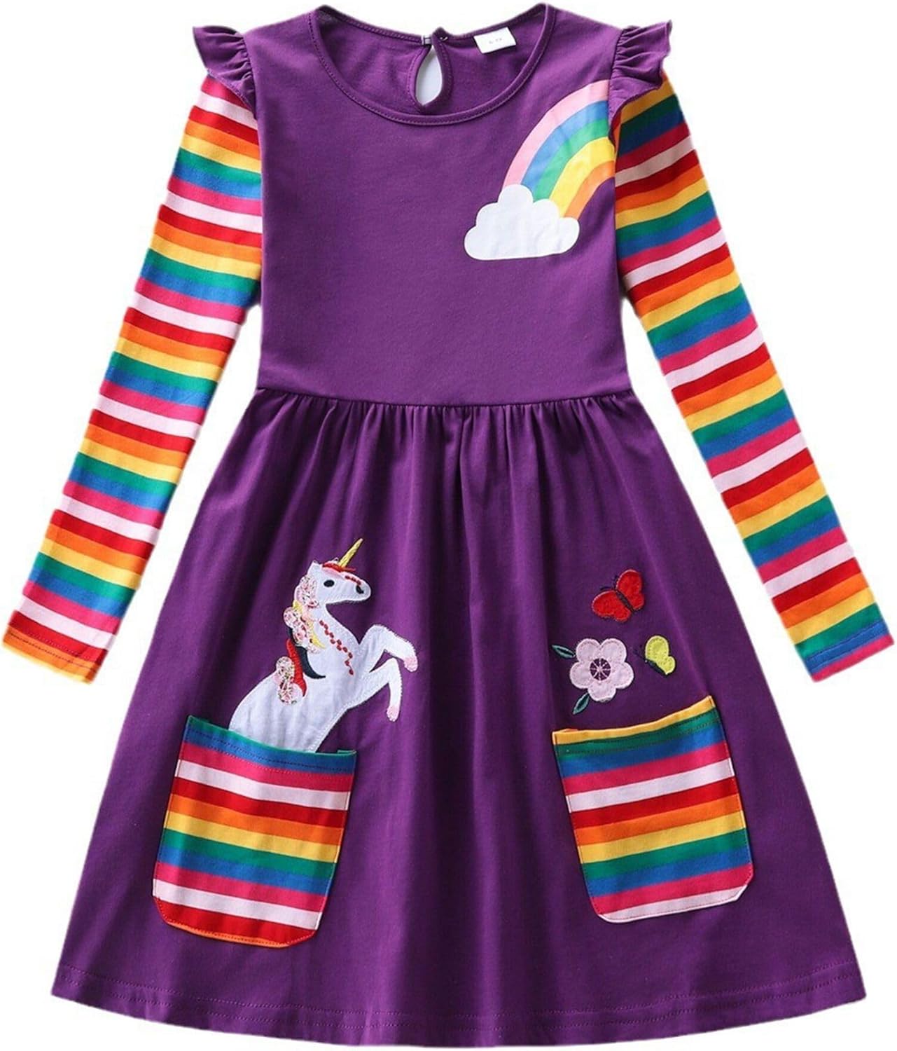 Cotton Girls Flower Rainbow Long Sleeve Dresses Butterfly Animal for Kids 3-8 Years 3-4T Lh81035-purple