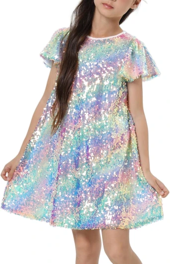 Girls Sequin Dress Shiny Short Flutter Sleeve Midi Sparkly Party Dress with Hairbow Medium Multicolor