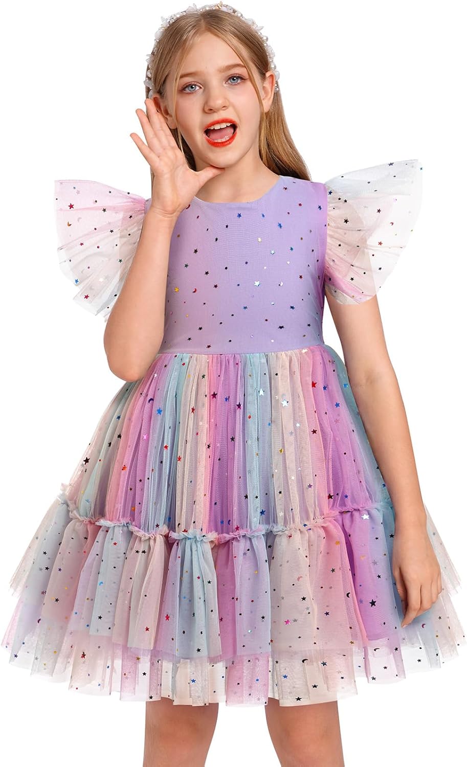 Girls Sequin Dress Toddler Shiny Rainbow Stars Tulle Dresses Ruffle Sleeve Birthday Party Photo Shoot Sparkly Dresses 5-6 Years Lilac Rainbow