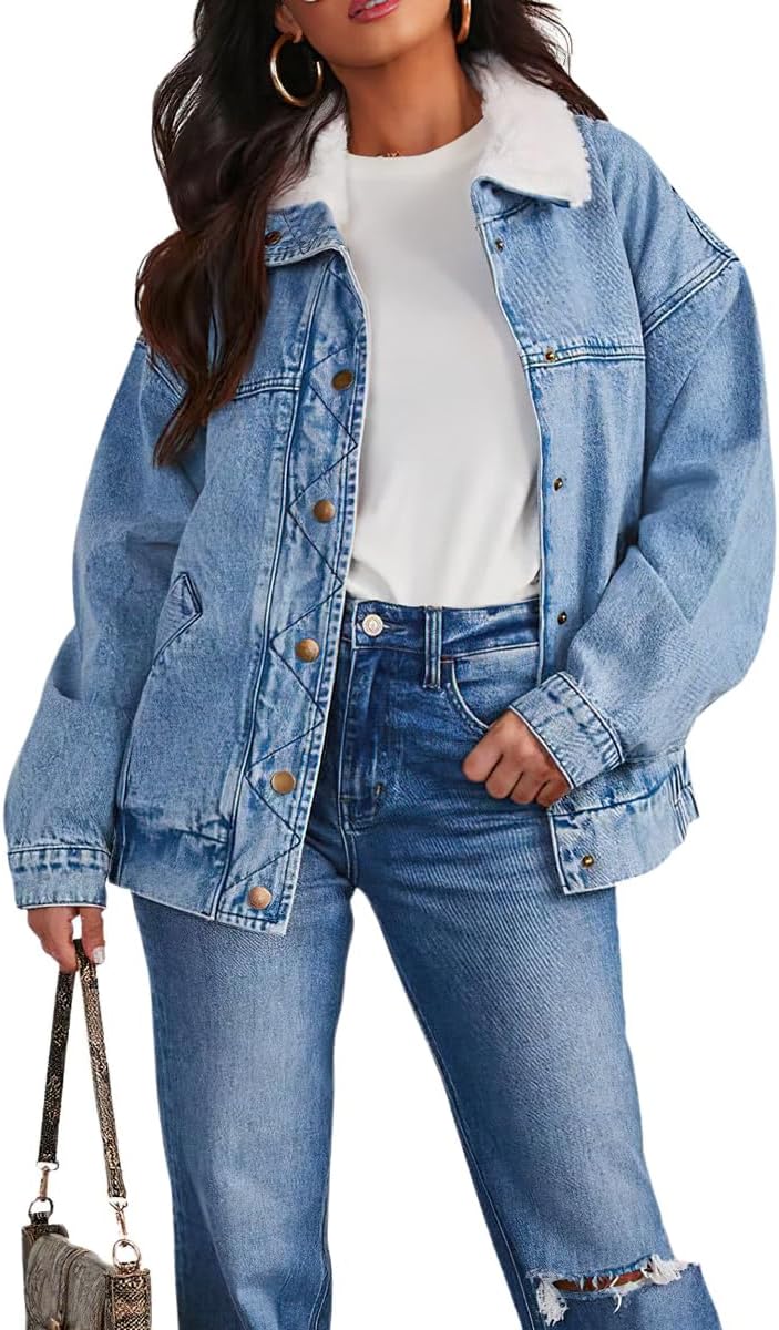 Women's Warm Sherpa Collar Denim Jacket Faux Fur Collar Denim Coat Trucker Jacket Medium Blue