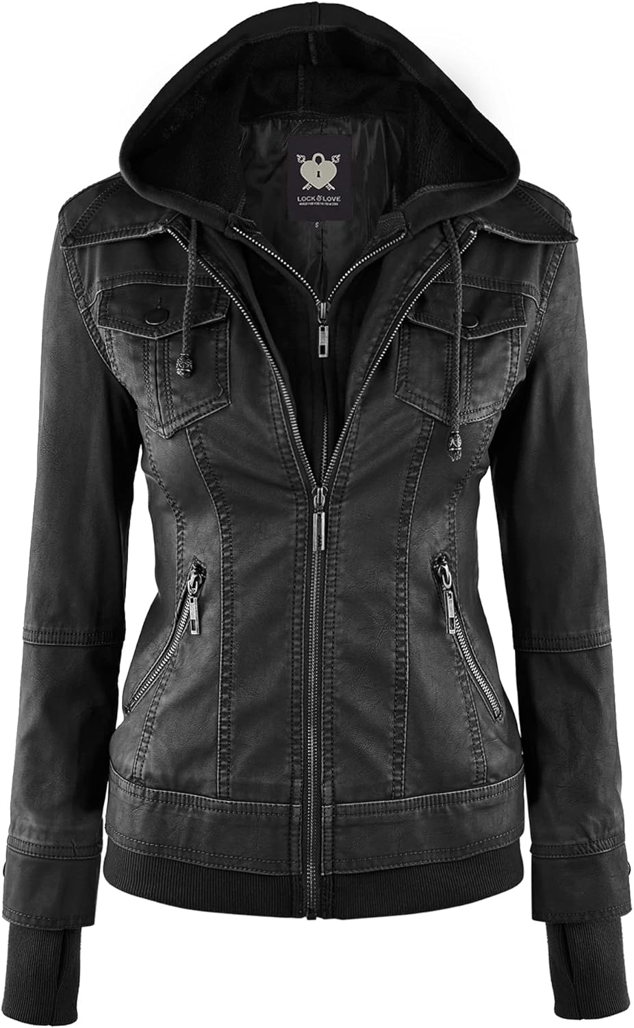 Women's Faux Leather Moto Biker Jacket Coat with Removable or Non-Removable Hood X-Large Wjc664 black/Charcoal