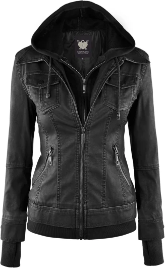 Women's Faux Leather Moto Biker Jacket Coat with Removable or Non-Removable Hood X-Large Wjc664 black/Charcoal