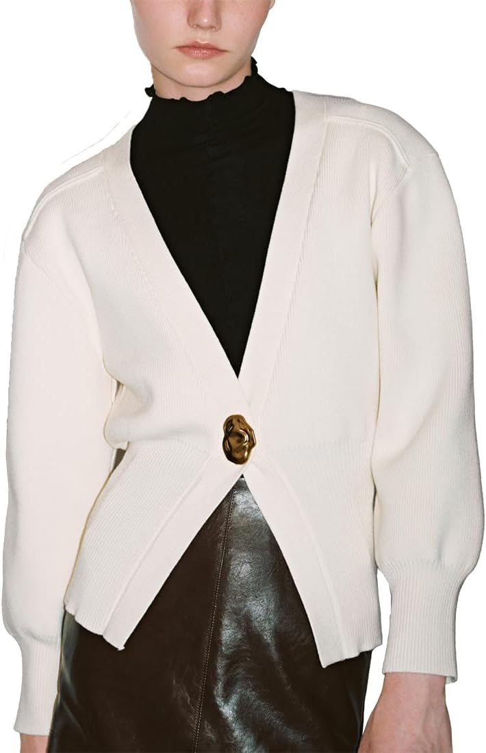 Women Knitted Cardigans Long Sleeve V-Neck Lightweight Sweater One Leaf Button Down Outwear Large Off-white