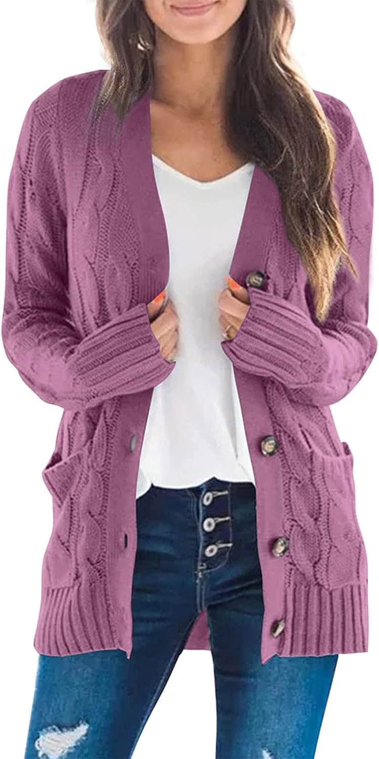 Women's Fall Casual Long Sleeve Button Down Open Front Cable Knit Cardigan Sweater Coat Purple Small